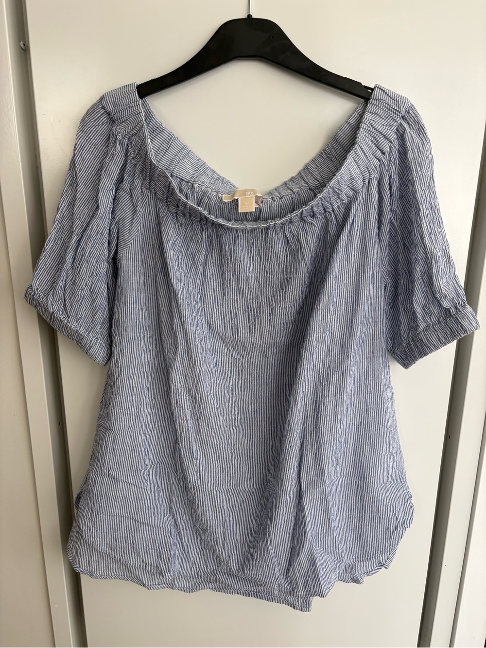 Michael Kors Light Blue and White Striped Off-Shoulder Blouse